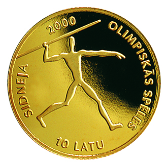 Zelta monēta Šķēpmetējs, 1999. Veltījums 2000. gada Olimpiskajām spēlēm Sidnejā. Latvijas bankas pasūtījums.